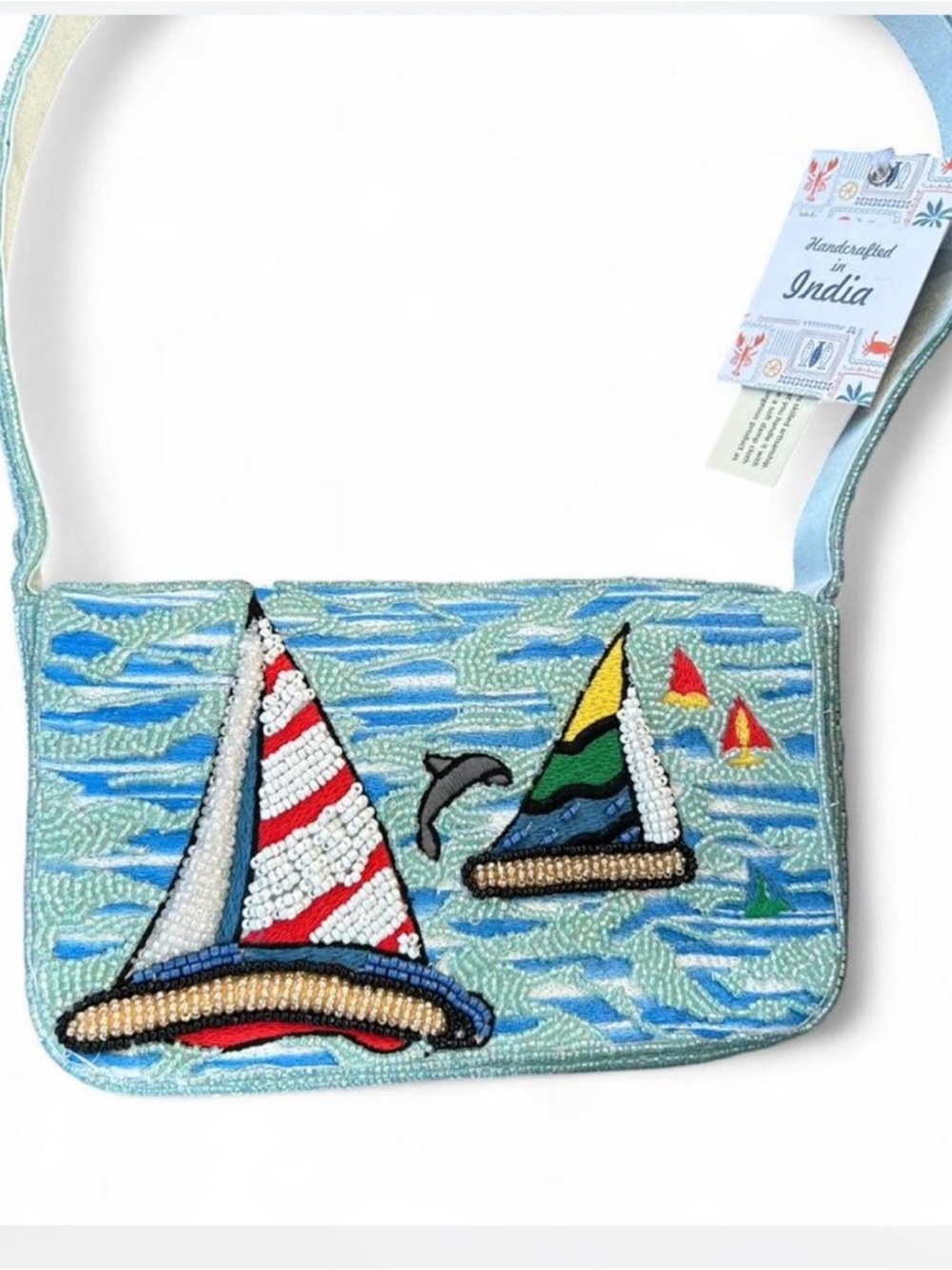 NWT Viral Beaded Blue Sailboat Shoulder Bag - Handcrafted India